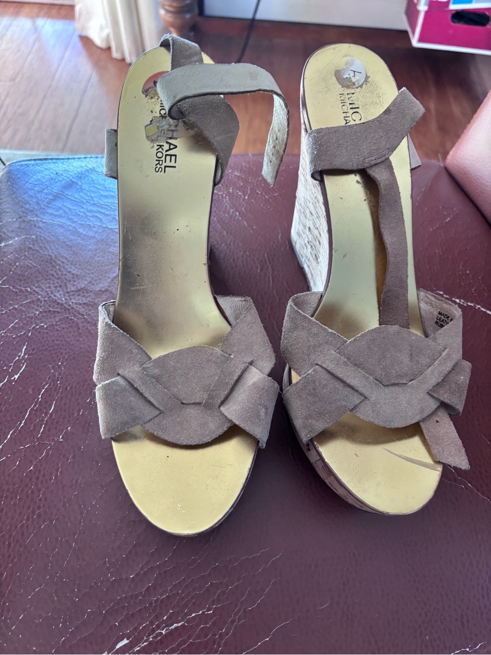 Michael Kors Taupe Suede Braided Wedge Sandals